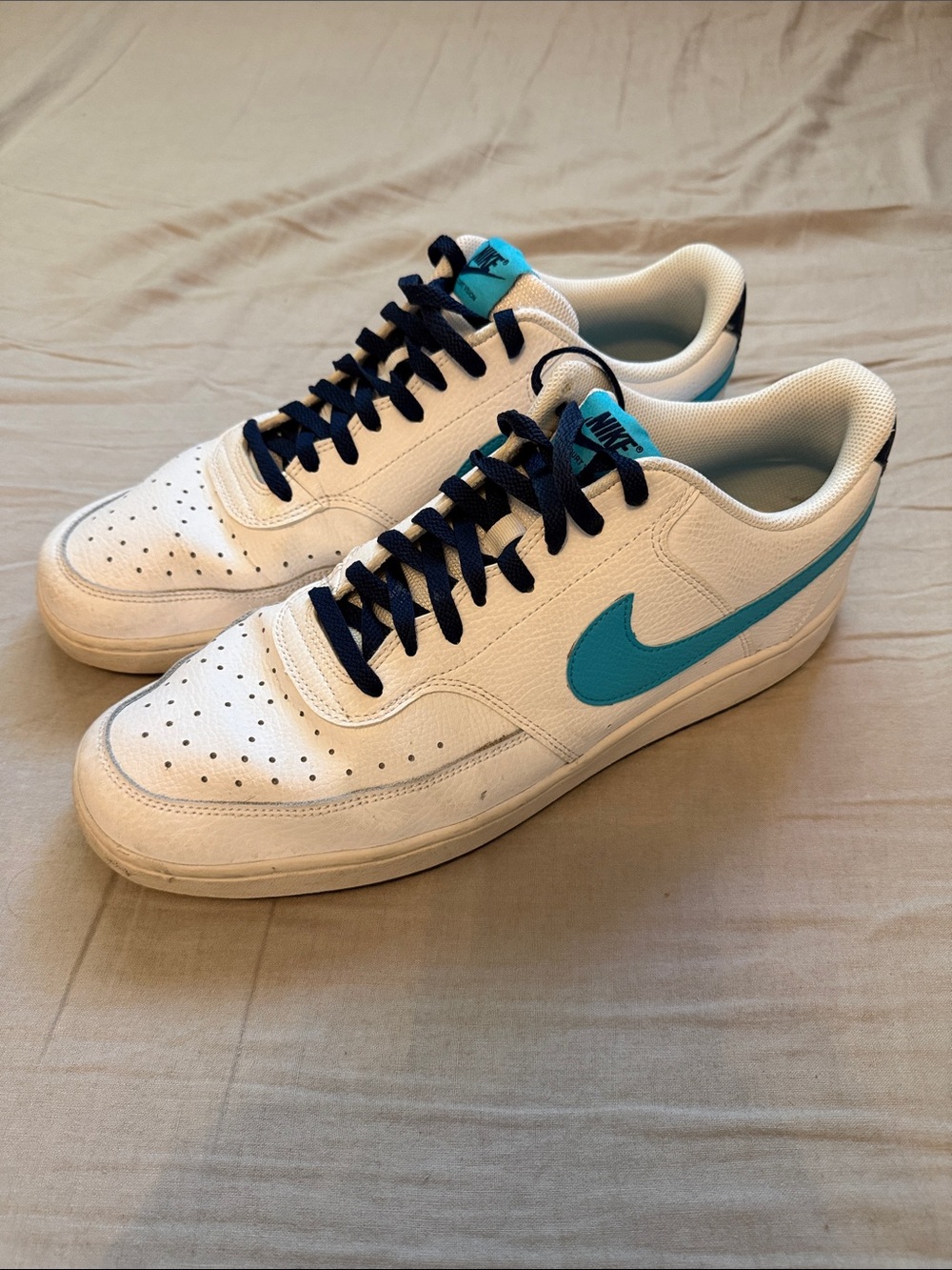 Men’s Nike Court Vision Low Sneakers in White with Teal Swoosh and Navy Laces